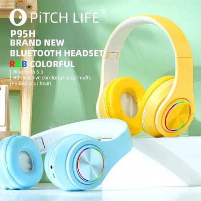 P95H,RGB,Moda Ears BT Wireless Headphone Com Mic E Flash Light, Capacete De Música Estéreo LED, Fone De Ouvido Dobrável, Present