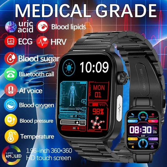 ECG+PPG Medical-Grade Smartwatch for Men: Monitors blood glucose, lipids, and uric acid, with Bluetooth connectivity for comprehensive health tracking.