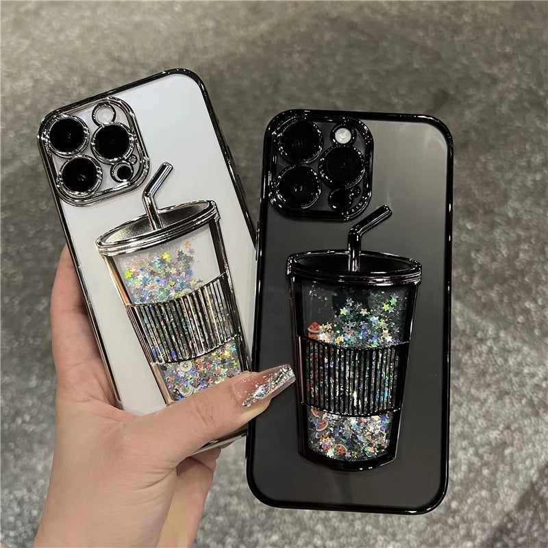 Glitter Milk Tea Cup Quicksand Case for iPhone 13 14 15 Pro Max