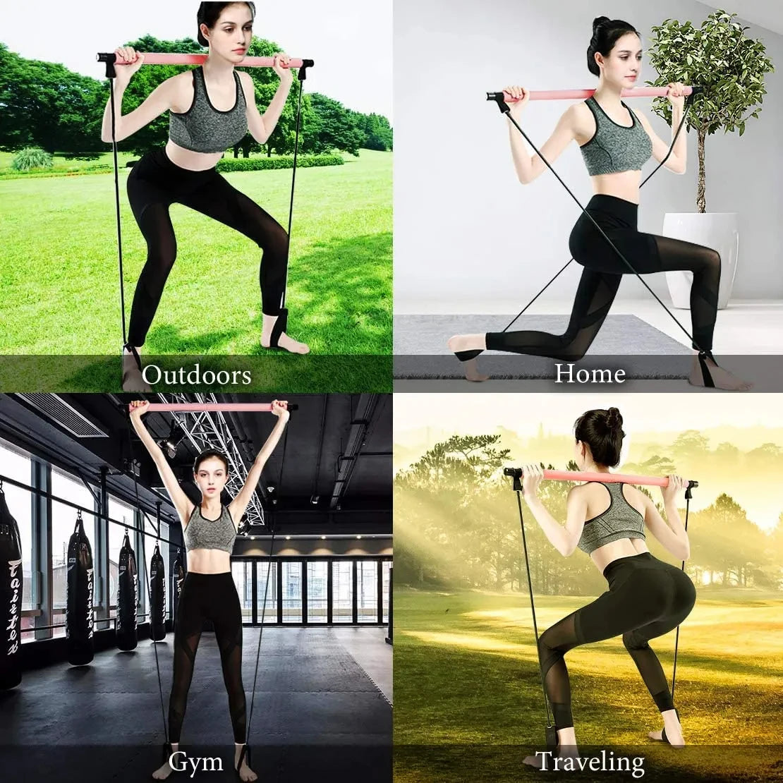 Portable Yoga Pilates Bar Stick with Resistance Band Home Gym Muscle Toning Bar Fitness Stretching Sports