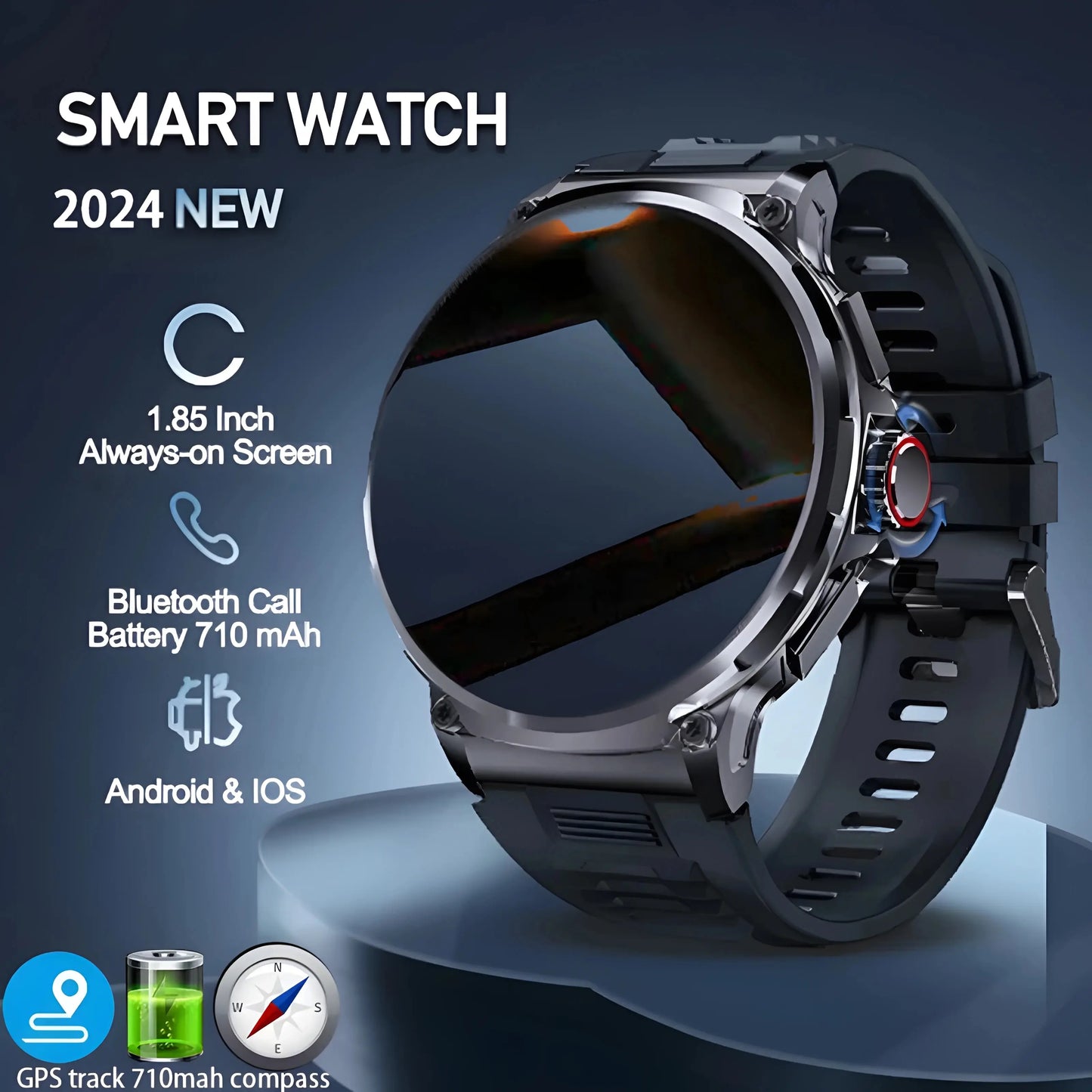 New 1.85-inch Ultra HD Smart Watch with GPS tracking, Bluetooth call, and a 710mAh battery. Perfect for sports and fitness, compatible with Huawei and Xiaomi.