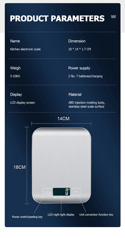 5kg/10kg Rechargeable Digital Kitchen Scale – LCD Display Stainless Steel Electronic Scales