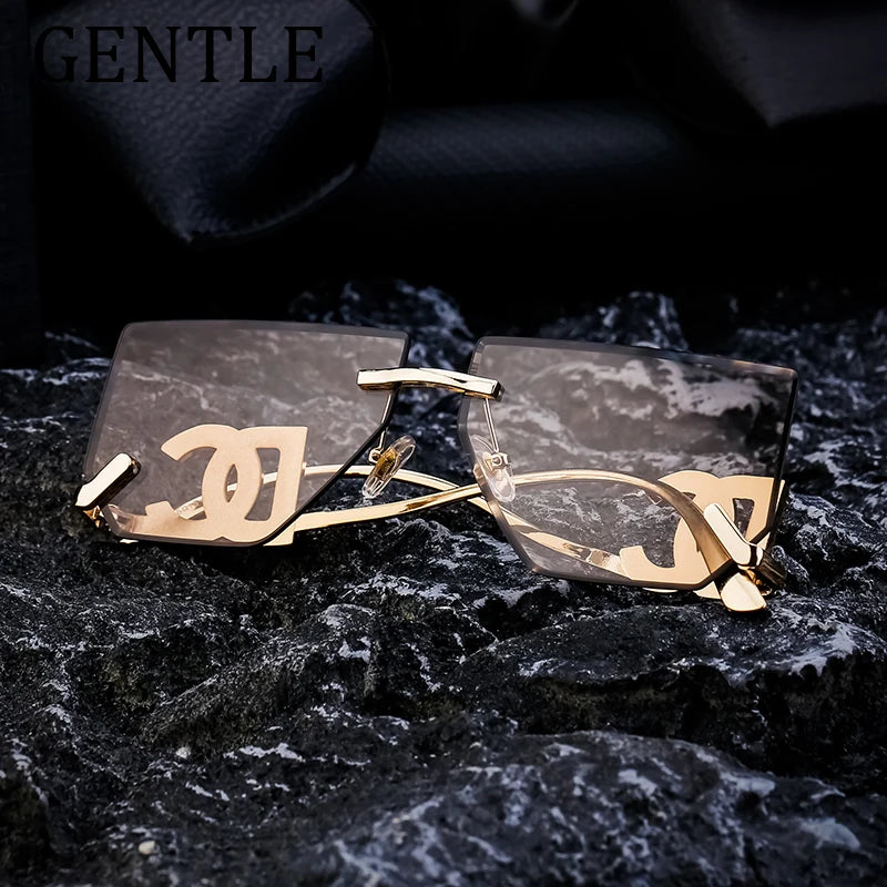 Punk Rimless Square Sunglasses Women 2024 Luxury Brand Design Fashion Metal Frame Goggles For Ladies Retro Eyewear Shades UV400