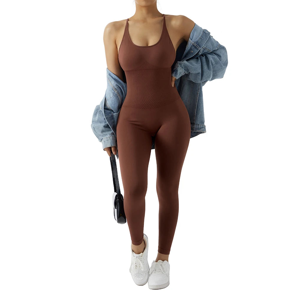 OMKAGI Women’s Full-Length Bodycon Jumpsuit – Sleeveless Athletic & Casual Wear