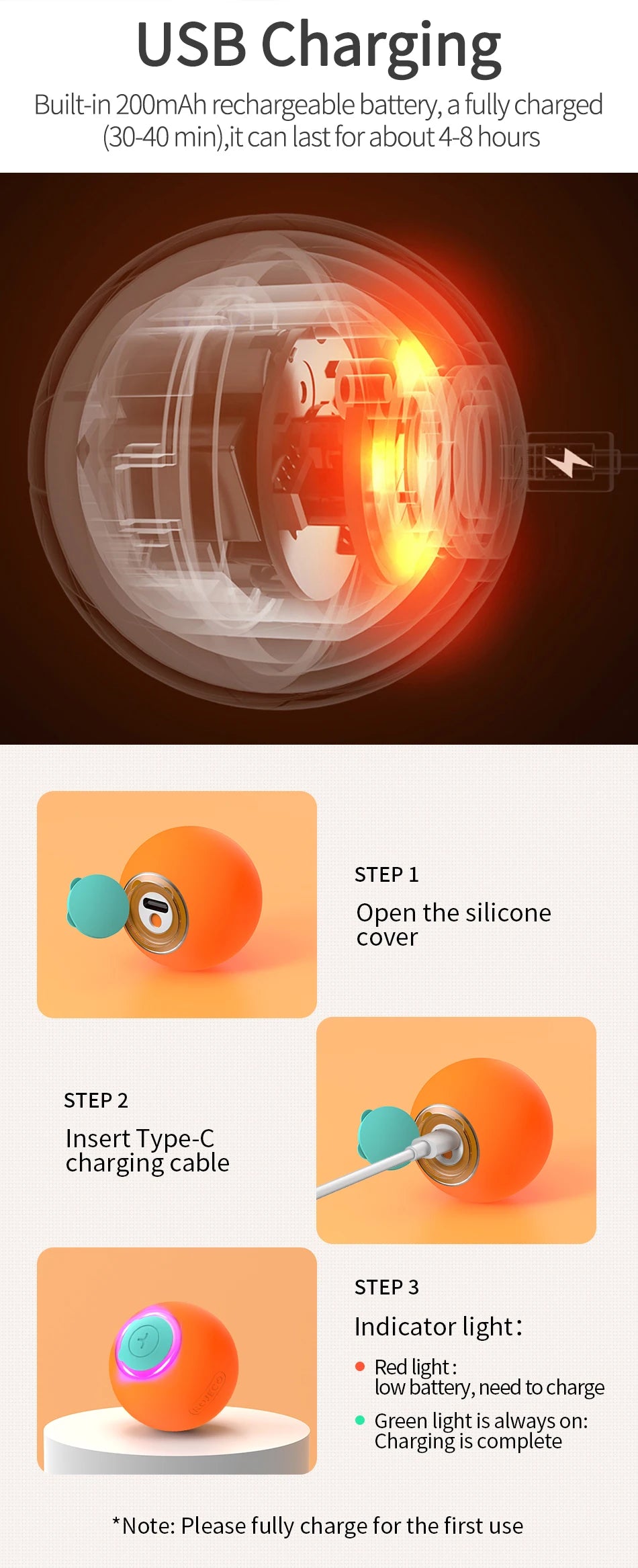 ROJECO Cat Toys Smart Interactive Cat Bouncing Ball Automatic Rolling Ball Training Self-moving Electric Toy Dog Pet Accessories