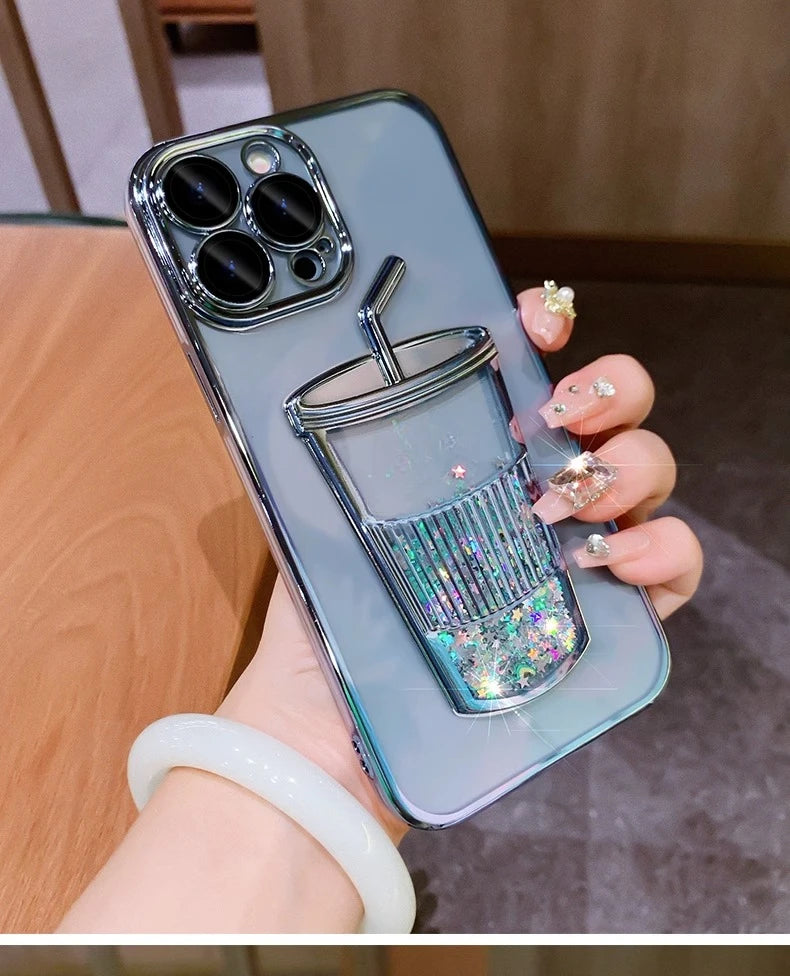 Glitter Milk Tea Cup Quicksand Case for iPhone 13 14 15 Pro Max