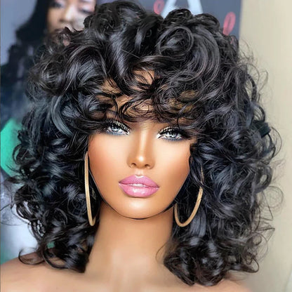 Short Curly Bob Wig Human Hair With Bangs Ready to Go