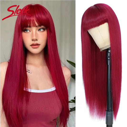 Sleek Human Hair Wigs With Bang Brazilian Straight Red Burgundy