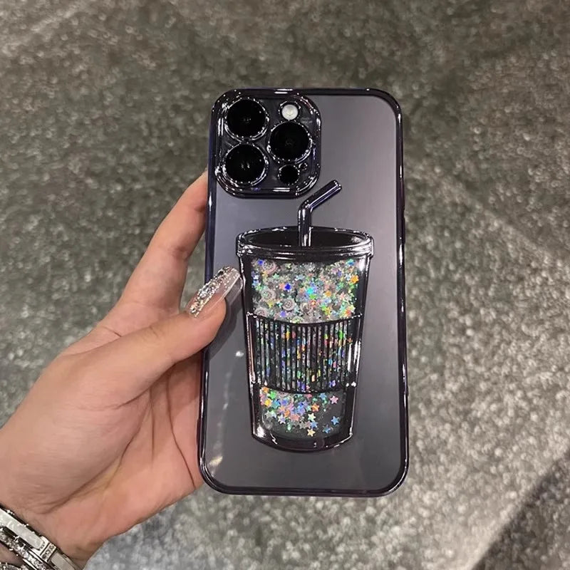 Glitter Milk Tea Cup Quicksand Case for iPhone 13 14 15 Pro Max