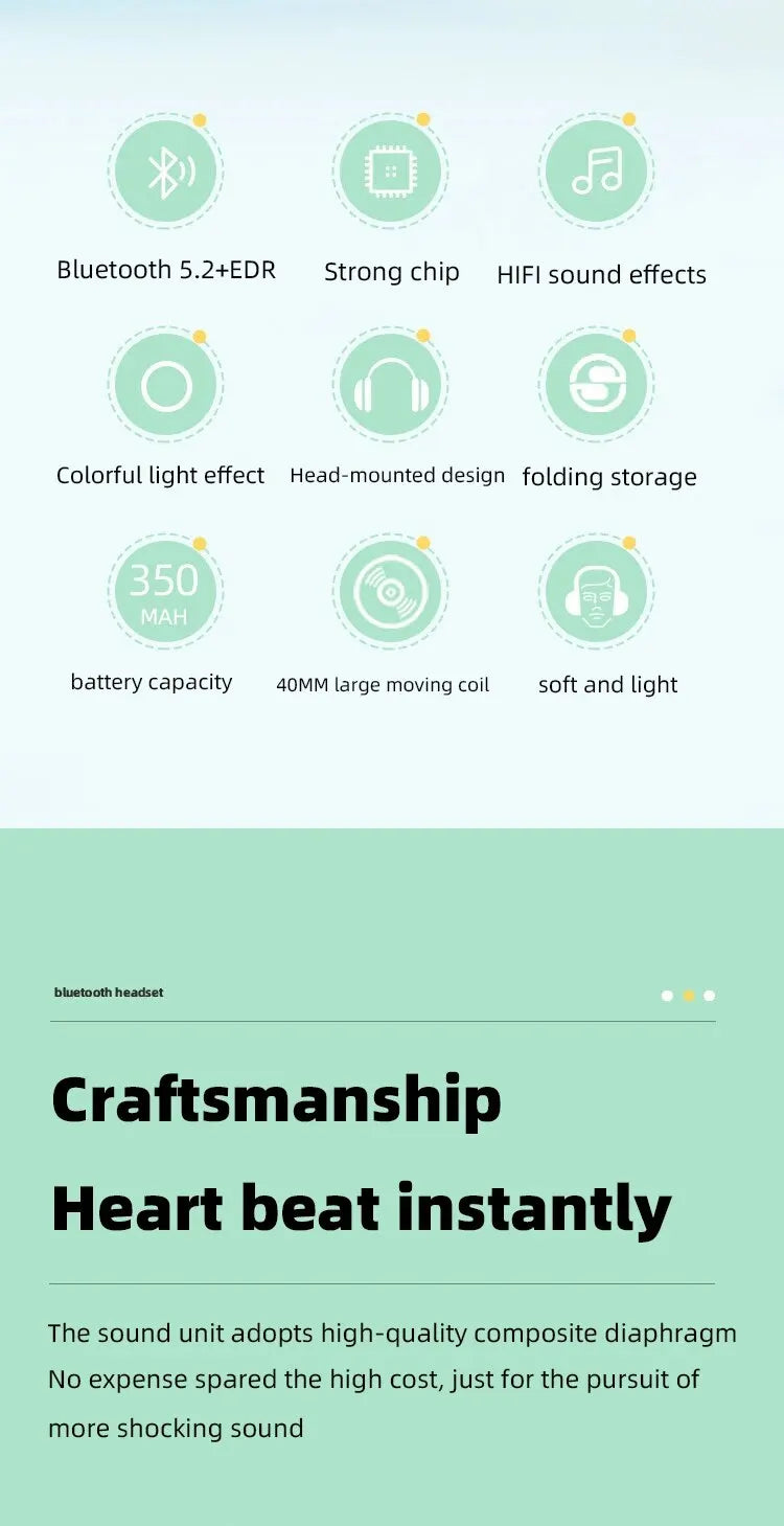P95H,RGB,Moda Ears BT Wireless Headphone Com Mic E Flash Light, Capacete De Música Estéreo LED, Fone De Ouvido Dobrável, Present