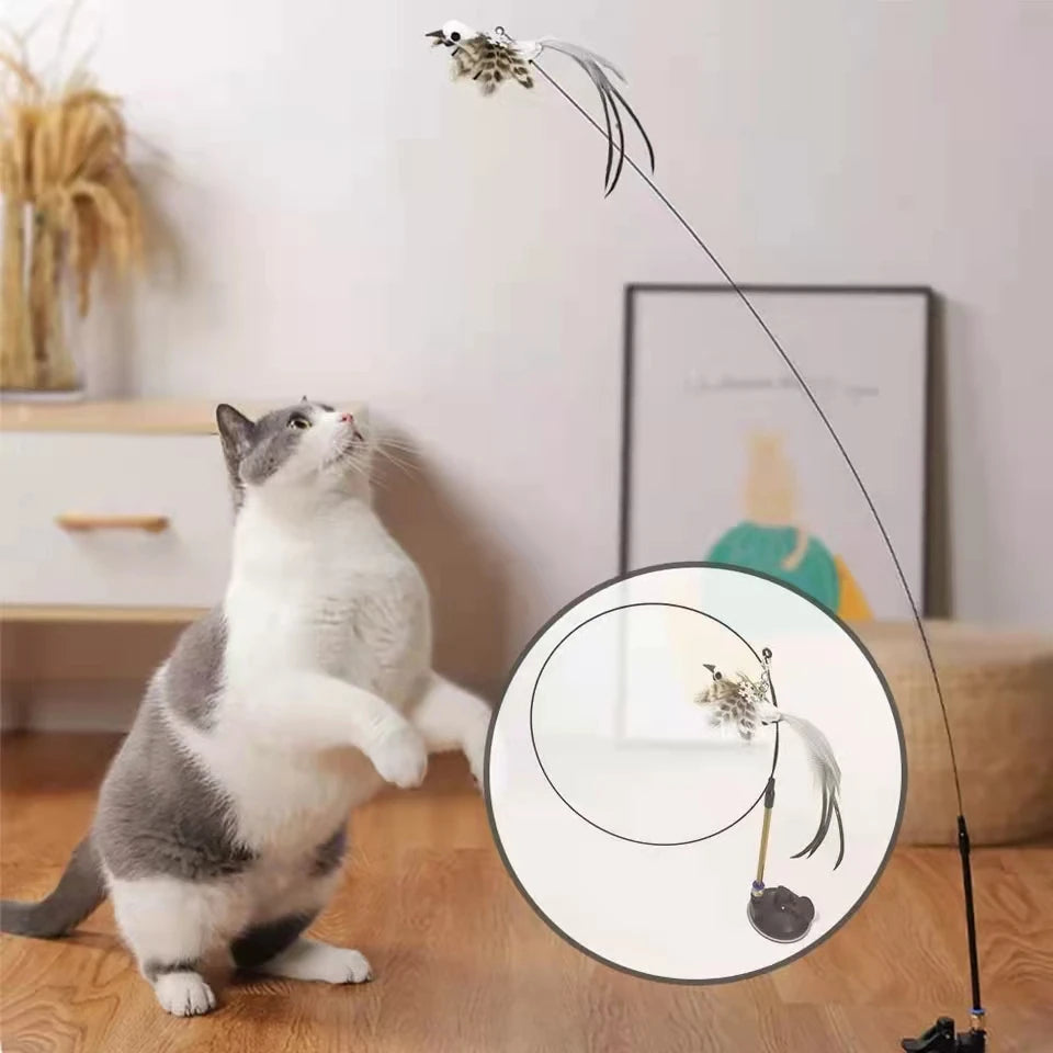 Simulation Bird Interactive Funny Cat Stick Toy Furry Feather Bird With Bell Sucker