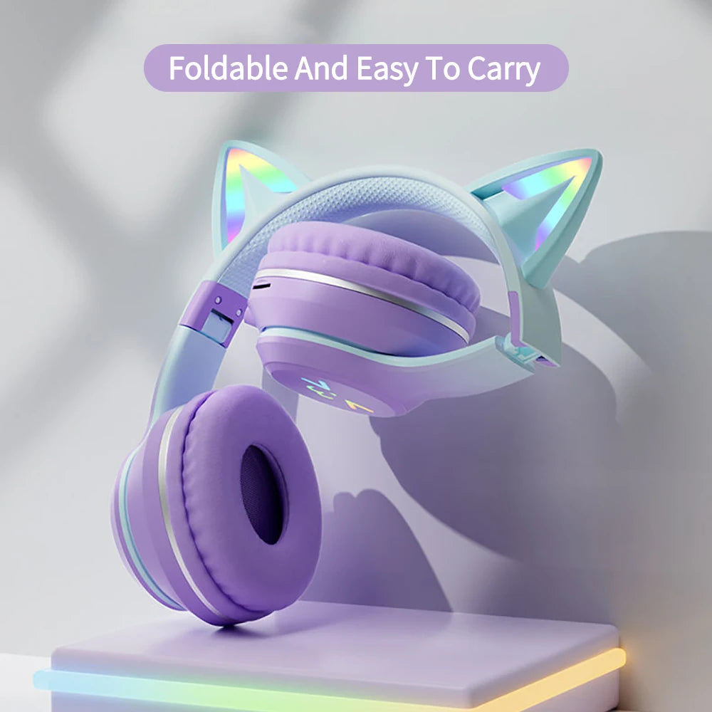 Gradient wireless Headphones RGB cute cat ear Bluetooth Earphones+microphone