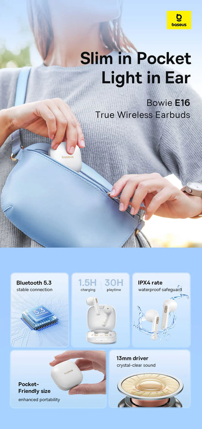 BASEUS In-Ear Wireless Earphones Bluetooth 5.3 30H Bateria de longa duração IPX4 prova d'água