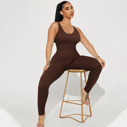 OMKAGI Women’s Full-Length Bodycon Jumpsuit – Sleeveless Athletic & Casual Wear