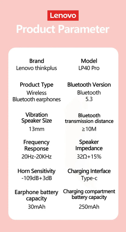 Lenovo LP40 Pro Earphones Bluetooth 5.3 Wireless Sports Headphone Waterproof with Mic Touch Control TWS Headset