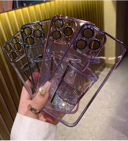 Glitter Milk Tea Cup Quicksand Case for iPhone 13 14 15 Pro Max