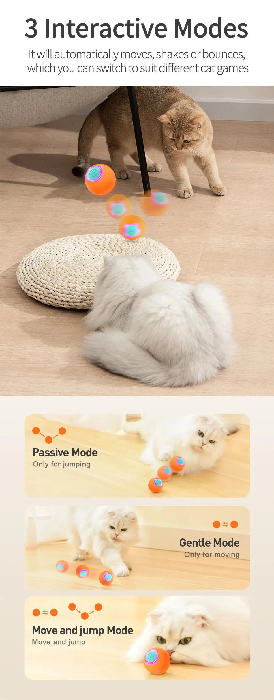 ROJECO Cat Toys Smart Interactive Cat Bouncing Ball Automatic Rolling Ball Training Self-moving Electric Toy Dog Pet Accessories
