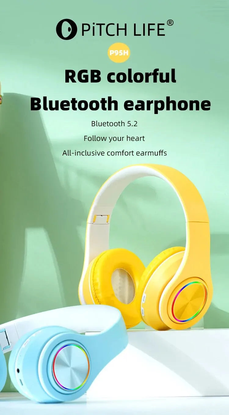 P95H,RGB,Moda Ears BT Wireless Headphone Com Mic E Flash Light, Capacete De Música Estéreo LED, Fone De Ouvido Dobrável, Present